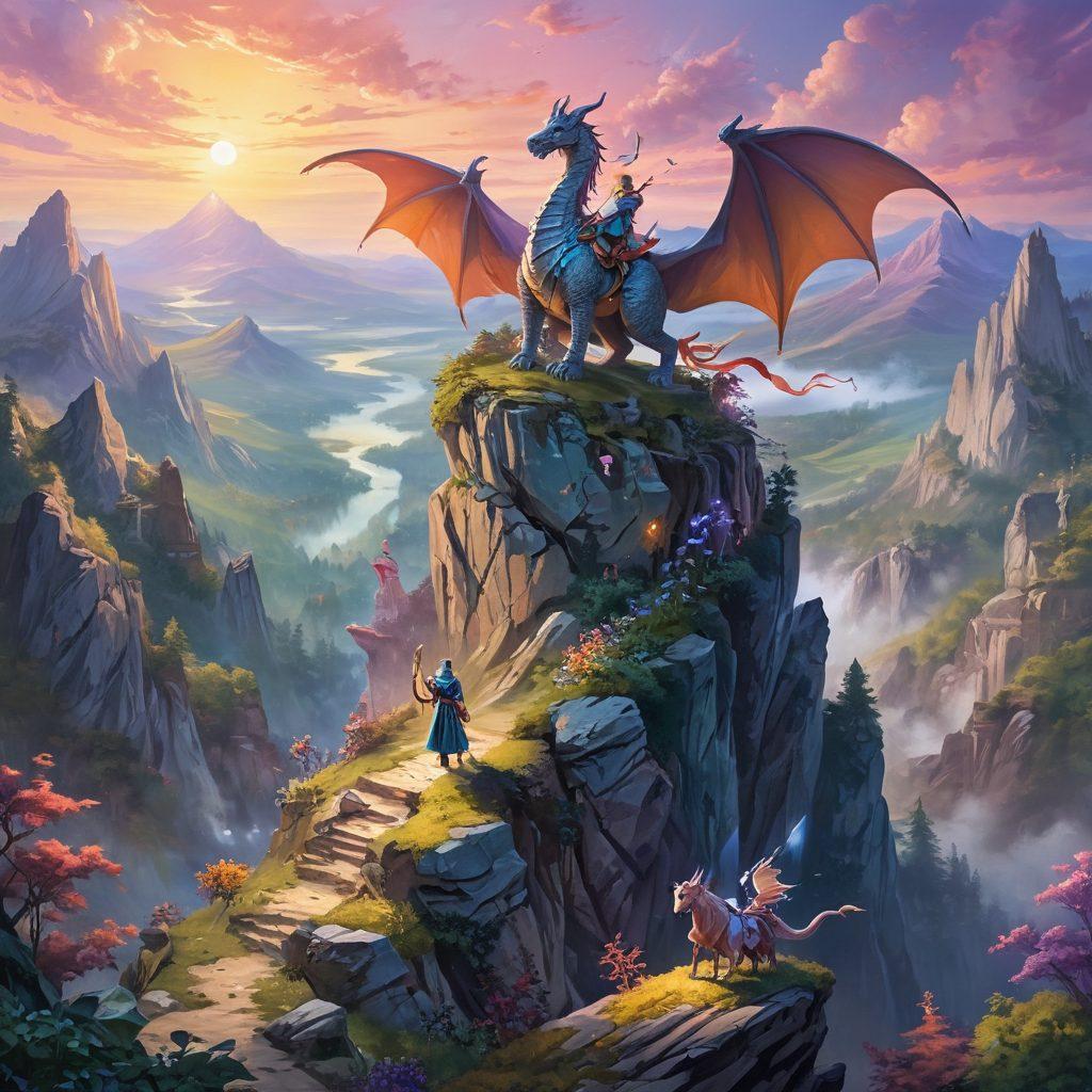 A whimsical scene depicting a diverse group of fictional characters, including a knight, a wizard, and a dragon, standing together atop a mountain, celebrating triumph and resilience. Lush fantasy landscapes surround them, symbolizing hope and recovery, with vibrant colors enhancing the emotional depth of their journey. Include symbolic elements representing cancer survivorship, such as ribbons and glowing light. The sky is a blend of warm pastels, suggesting a new dawn. painting. vibrant colors.