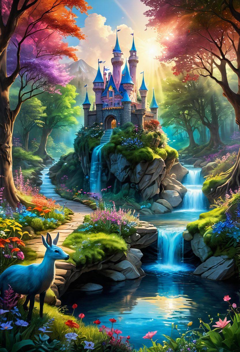 A whimsical landscape featuring a lush, enchanted forest where colorful fantasy creatures hold hands, symbolizing support and unity in cancer awareness. In the background, a glowing castle made of books serves as a beacon of hope, surrounded by vibrant flowers representing survivorship. Soft rays of sunlight illuminate the scene, creating a warm and inviting atmosphere. A gentle stream flows through, reflecting the beauty of life and resilience. magical realism. vibrant colors. 3D.